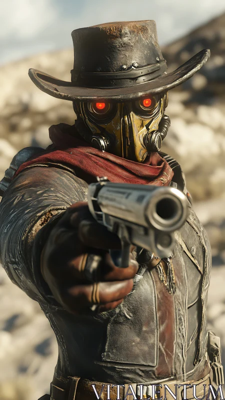 Masked gunslinger in leather coat aims revolver forward.