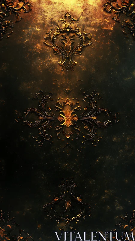 Ornate gold filigree pattern on dark textured background.
