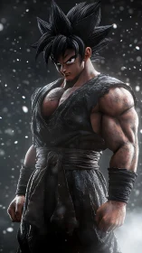 Muscular anime warrior stands in dark snowy atmosphere