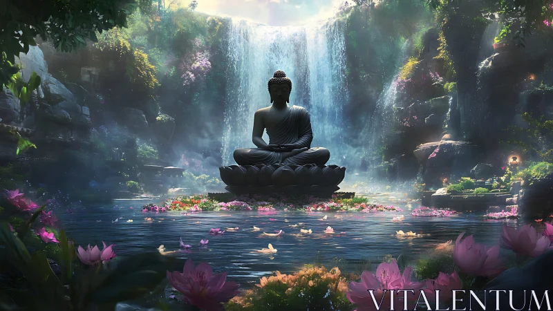 Buddha statue before multi-tier waterfall in dense garden.