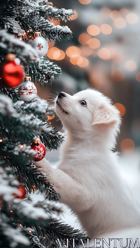 Curious white puppy inspecting red baubles on snowy fir tree
