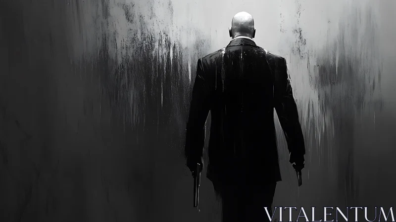 Bald suited man holds two pistols while walking forward