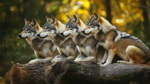 Four alert wolves sit poised together on a forest log.