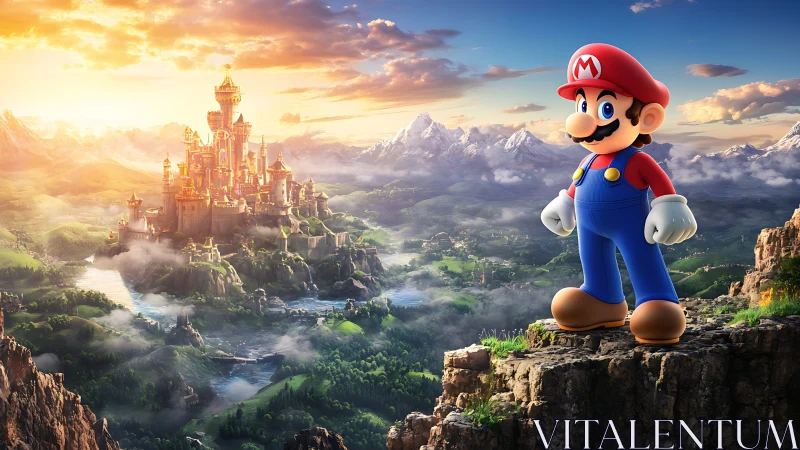 Heroic plumber overlooking luminous fantasy kingdom landscape.