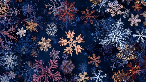 Intricate snowflakes drift across a rich midnight blue sky