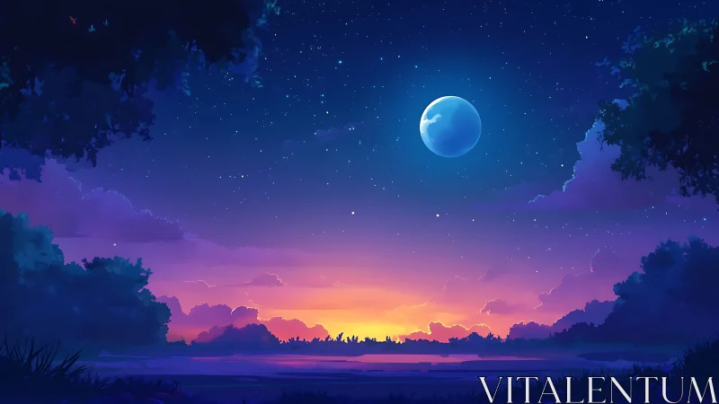 Twilight lagoon under storybook moon and cotton candy sky.