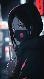 Hooded urban shinobi with tanto blade in neon backstreet.