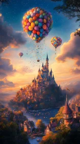 Dreamy castle escape with colorful balloon-filled skies.