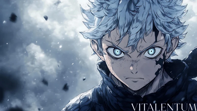 Storm-eyed anime hero stands fierce amid swirling chaos