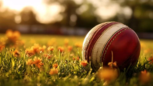 Macro field study of worn cricket ball in golden-hour bokeh.