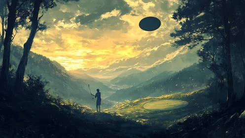 Twilight valley golfer beneath hovering disc portal.