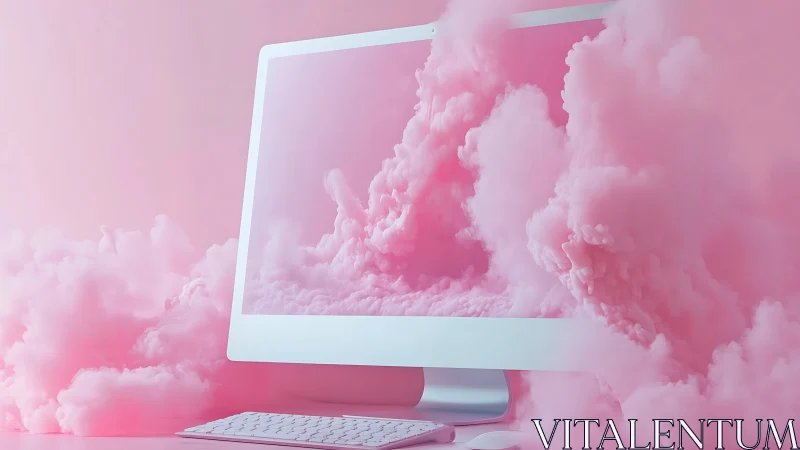 All-white desktop monitor wrapped in volumetric pink clouds