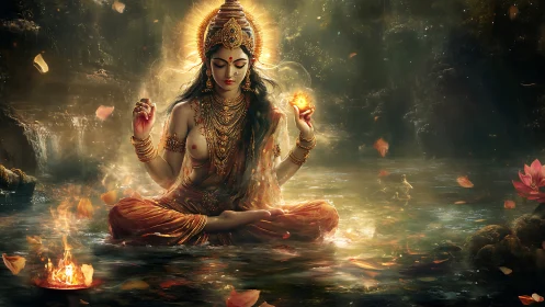 Divine goddess meditates in glowing river of sacred light.