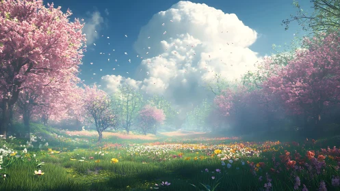 Volumetric spring meadow under cumulonimbus bloomscape.
