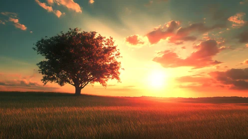 Lone tree on grassy hill under vivid orange sunset sky.