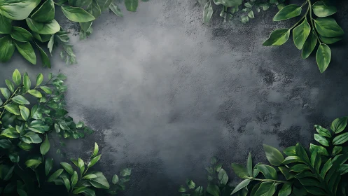 Green foliage frames textured gray stone background space