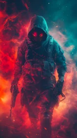 Mysterious hooded warrior walking through blazing neon fire.
