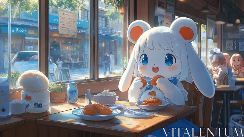 Anthropomorphic rabbit girl eating pastries in sunlit cafe