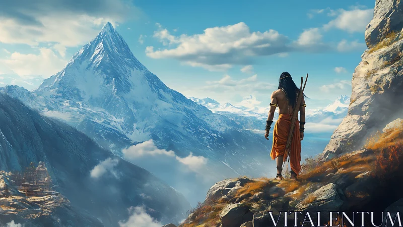 Solitary robed figure observes distant snow-covered mountain peak