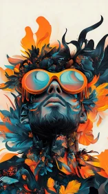 Neon surreal portrait merges floral explosions and goggles.