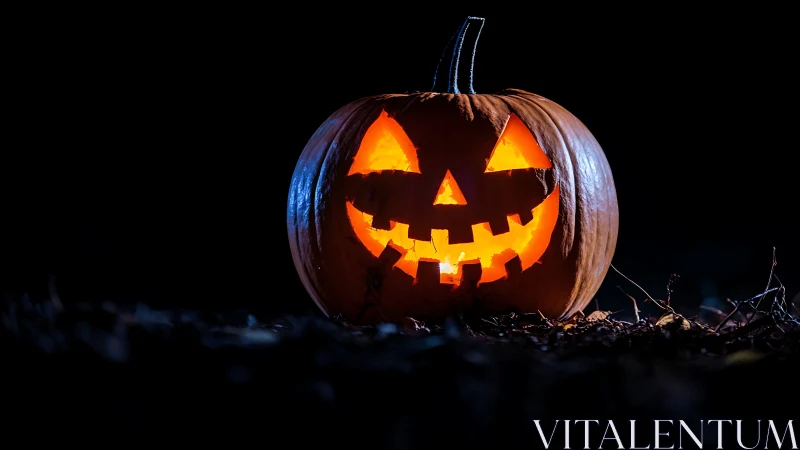 Low-key night photograph of illuminated carved Halloween pumpkin