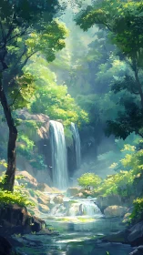 Emerald Cascade: Where Sunlight Dances Through Ancient Woodland.