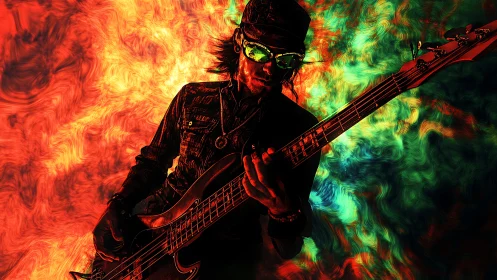 Electric bass guitarist silhouette against abstract neon backdrop.