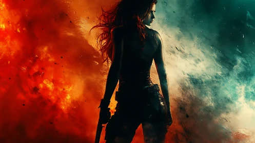 Fearless heroine between fire and stormy blue light.