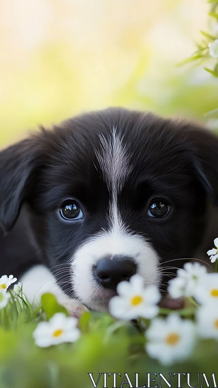 Low-angle shallow-focus portrait of black and white puppy in daisies