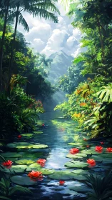 Lush jungle river drifts softly past bright red water lilies