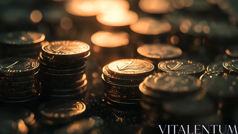 Stacks of glowing coins under warm cinematic bokeh light.