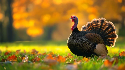 Wild Turkey Displaying in Autumn Meadow.