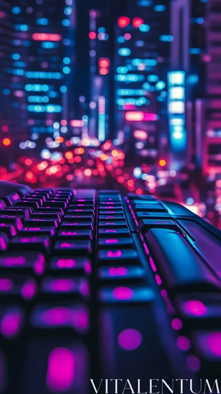 Mechanical keyboard close-up with neon city bokeh backdrop.