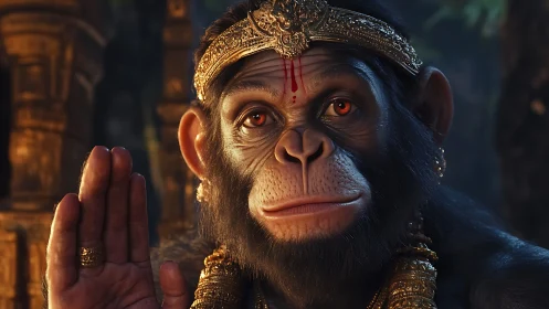 Regal monkey deity portrait with raised blessing hand.