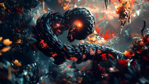 Serpentine fire spirit coils through a glowing alien forest