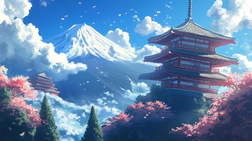 Mount Fuji above red pagodas in bright spring sky.