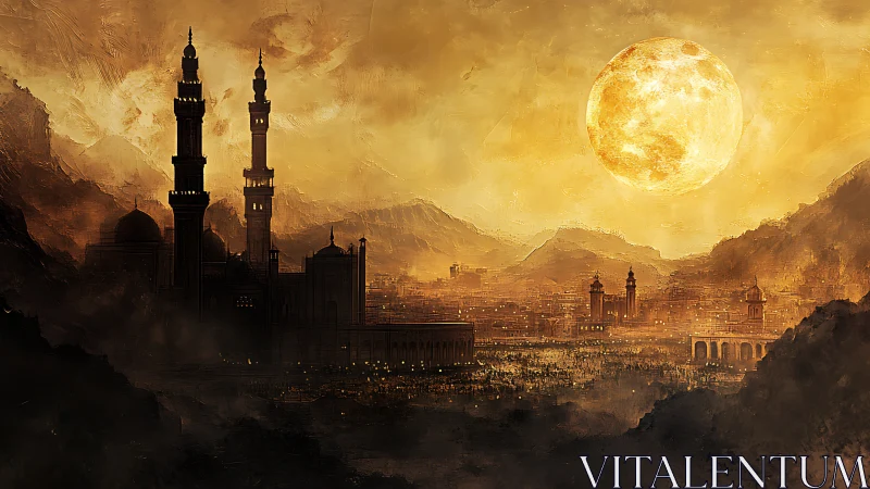 Golden desert city skyline under colossal rising moon.