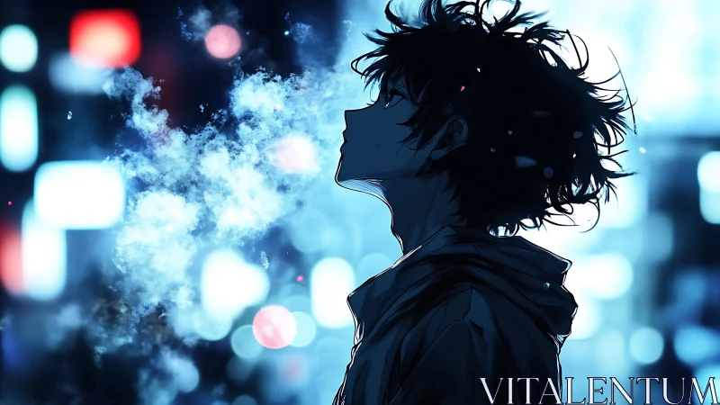 Silhouetted teen exhales mist under neon city lights at night.