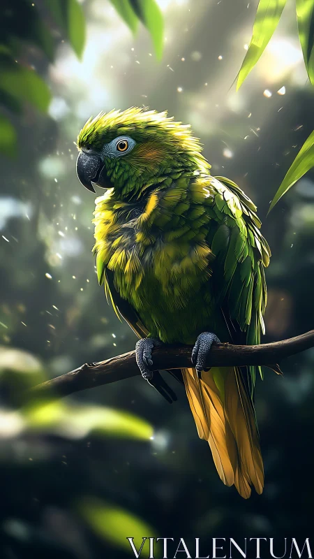 Green parrot on branch in filtered forest light scene.