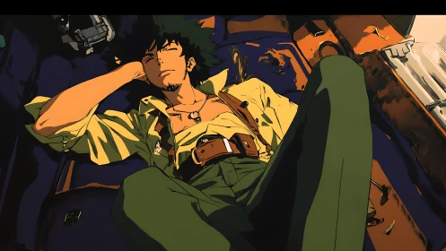 Male character reclines on seat in stylized animated frame