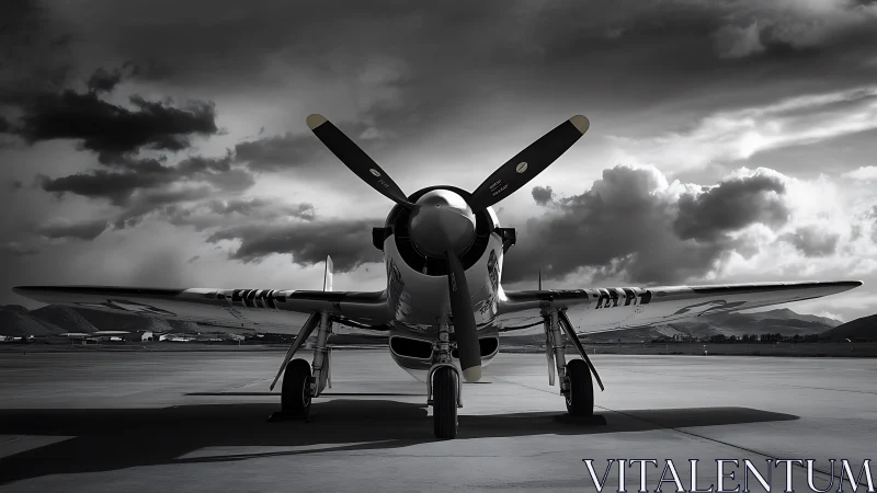 Vintage warbird propeller plane on stormy runway.