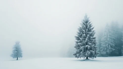 Snow-covered conifer trees in fog across a winter field.