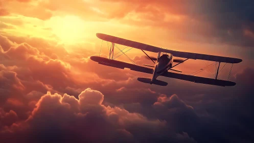 Sunset biplane drifting through glowing evening clouds.