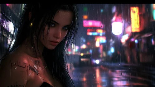 Neon-soaked woman stares defiantly through the midnight rain.