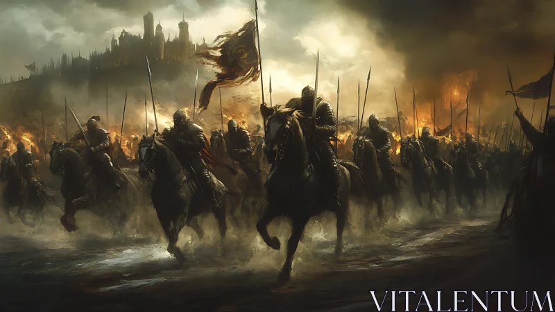 Armored cavalry charge toward burning citadel under stormfront