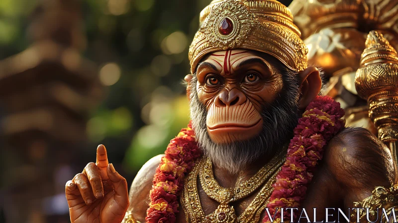 Golden monkey deity in serene sunlight and garlanded grace.