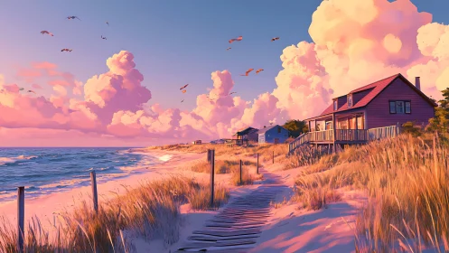 Sunset coastal cottages with volumetric clouds and warm rim lighting