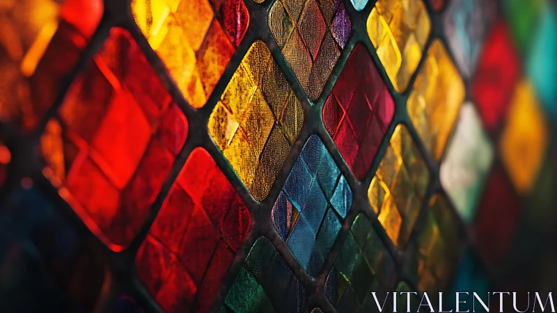 Vibrant stained glass window with diamond pattern, abstract style.