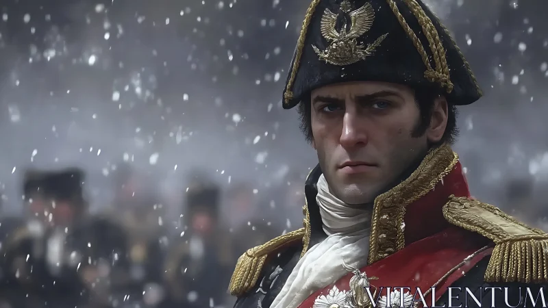 Napoleonic officer portrait in snowbound battlefield scene.