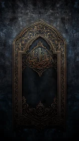 Gilded arabesque arch cradling luminous Arabic calligraphy.